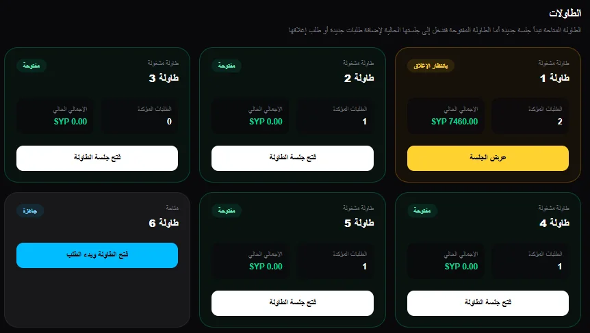 OFOQ Restaurant Platform — Tables and sessions / منصة أفق للمطاعم — الطاولات والجلسات